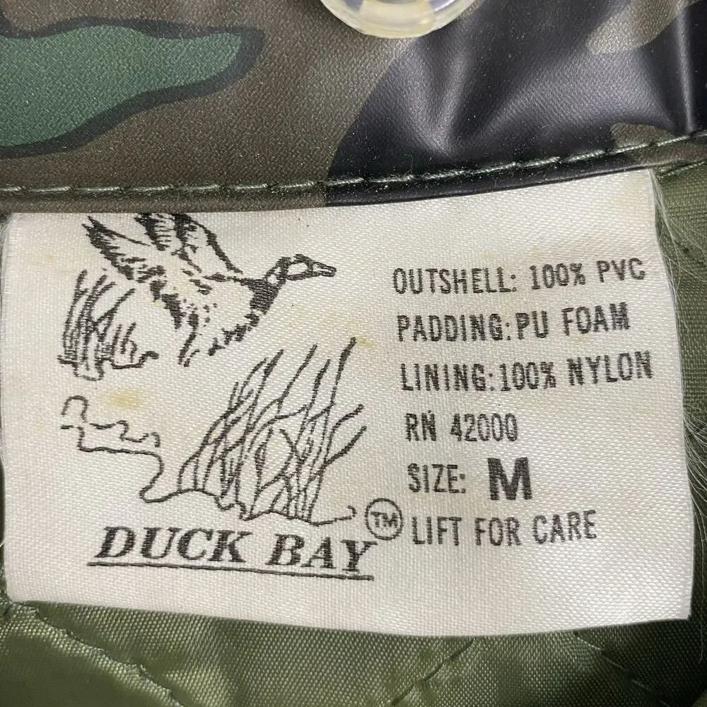 VTG Duck Bay Mens M Camo Rain Jacket Hood Quilted Lined PVC Woodland Camouflage